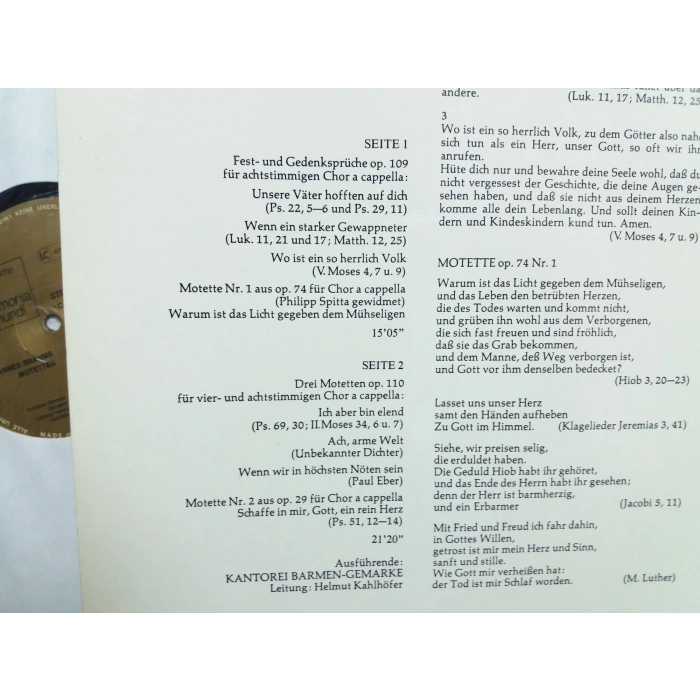 BRAHMS MOTETTEN KANTOREI BARMEN  - GEMARKE  LP