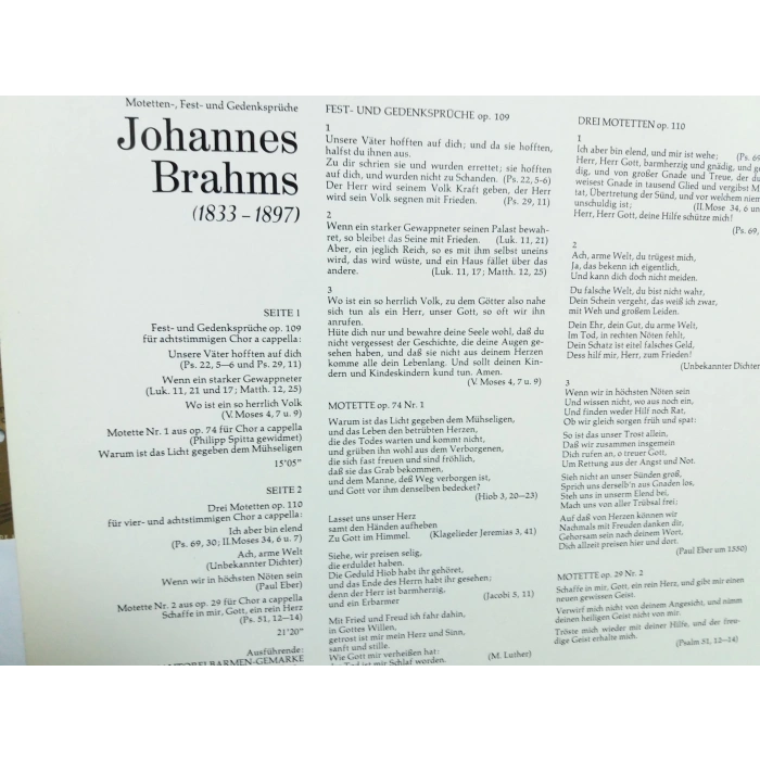 BRAHMS MOTETTEN KANTOREI BARMEN  - GEMARKE  LP