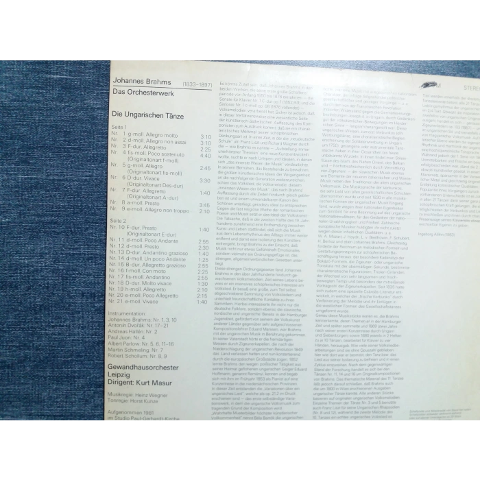 BRAHMS UNGARISCHEN TANZE MUSIC LP
