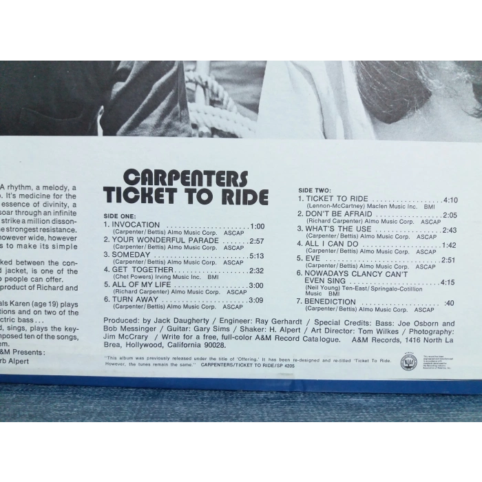 CARPENTERS TICKET TO RIDE MUSIC LP