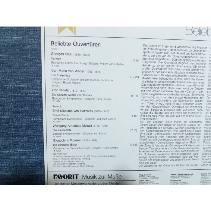 DONNA DIANA OVERTUREN CARMEN ZAUBERFLÖTE MUSIC LP