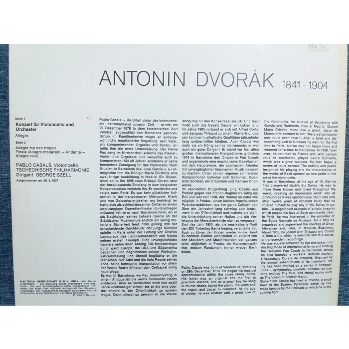 DVORAK VIOLONCELLO PABLO CASALS  MUSIC LP