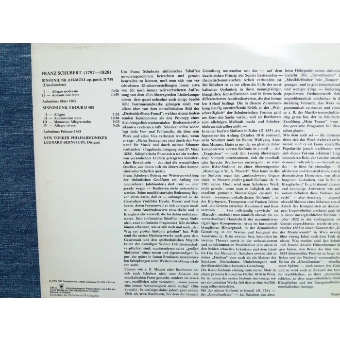 FRANZ SCHUBERT SINFONIEN Nr.5-Nr.8 MUSIC LP