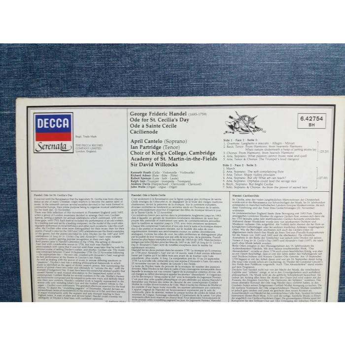 HANDEL ODE FOR ST CECILLAS DAY MUSIC LP
