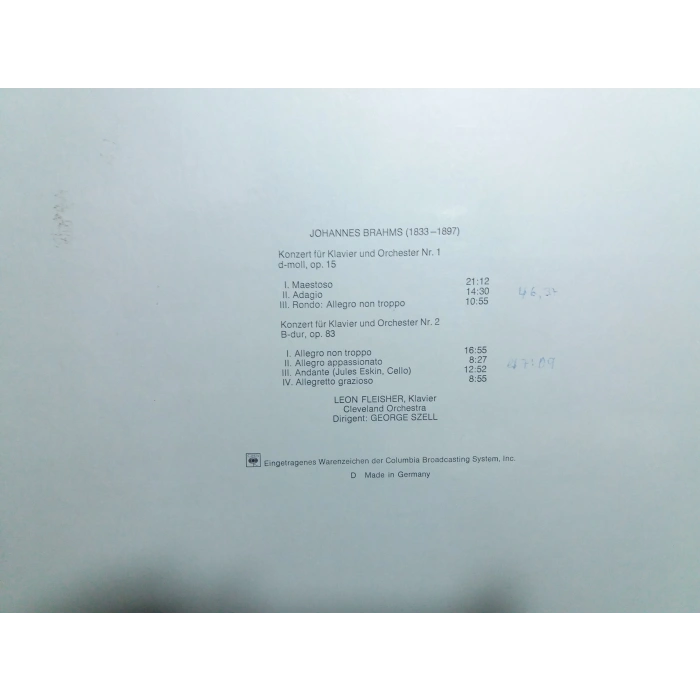 JOHANNES BRAHMS PIANO CONCERTOS LEON FLEISHER 2 LP