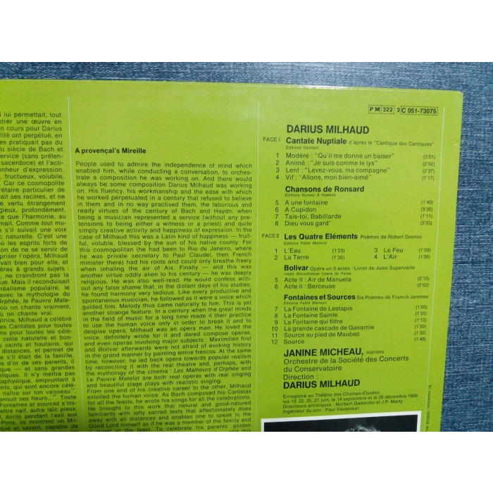 MILHAUD CANTATE CHANSONS JANNIE MICHEAU  LP