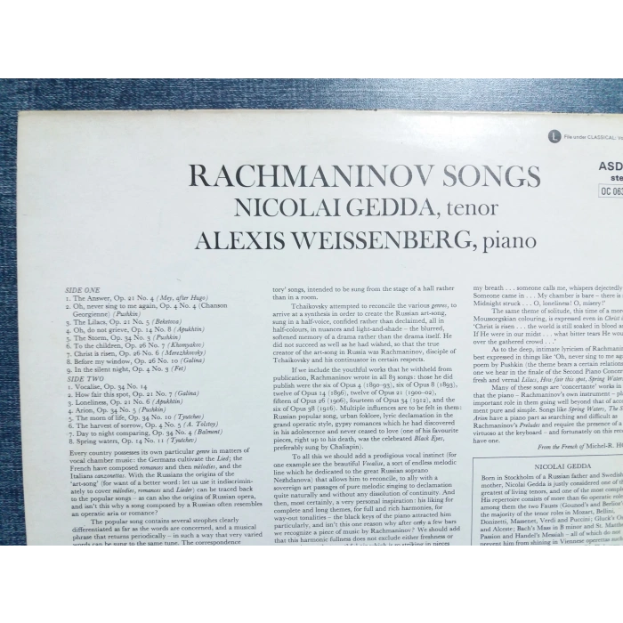 RACHMANINOV SONGS NICOLAI GEDDA LP