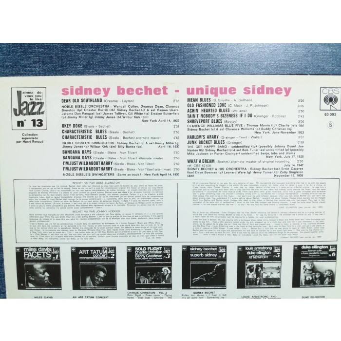 SIDNEY BECHET UNIQUE SIDNEY LP