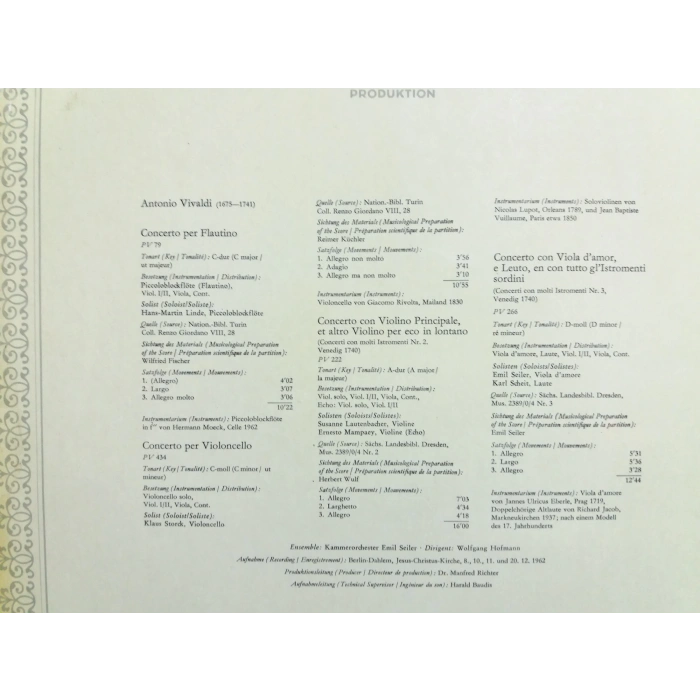 VIVALDI CONCERTOS FLAUTINO VIOLON CELLO  MUSIC LP