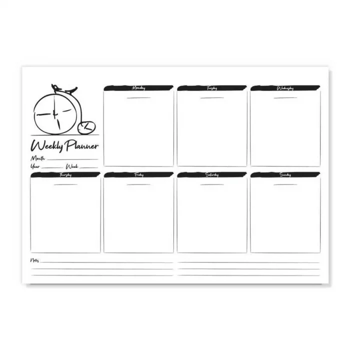 A4 Boy Haftalık Planlayıcı (Sümen) - Bisiklet Saat Tasarımlı