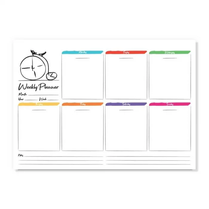 A4 Boy Haftalık Planlayıcı (Sümen) - Bisiklet Saat Renkli Tasarımlı