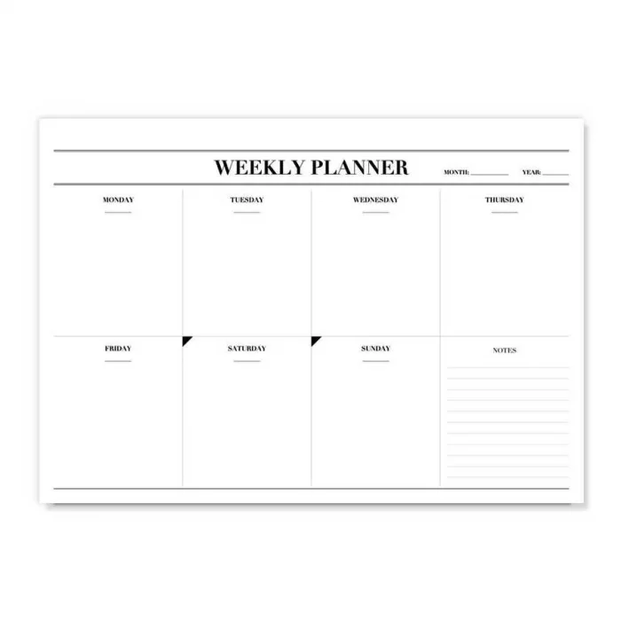 A4 Boy Haftalık Planlayıcı (Sümen) - Siyah Beyaz Tasarım