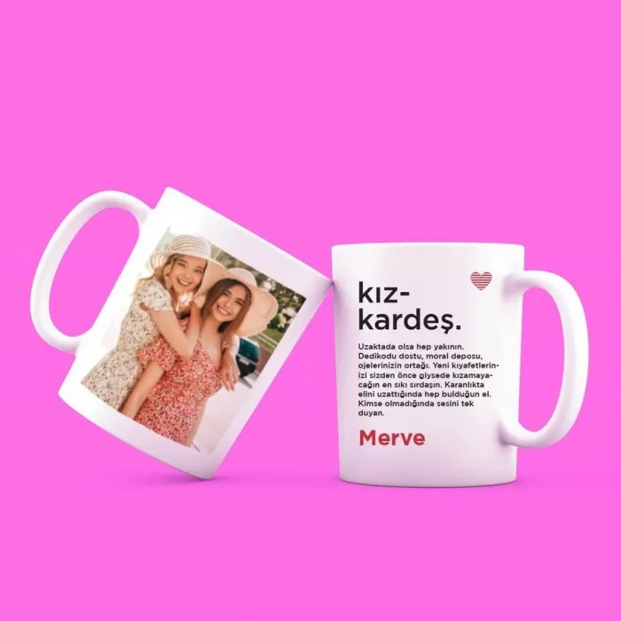 Kişiye Özel Fotoğraflı İsimli Kupa Bardak - Kız Kardeş