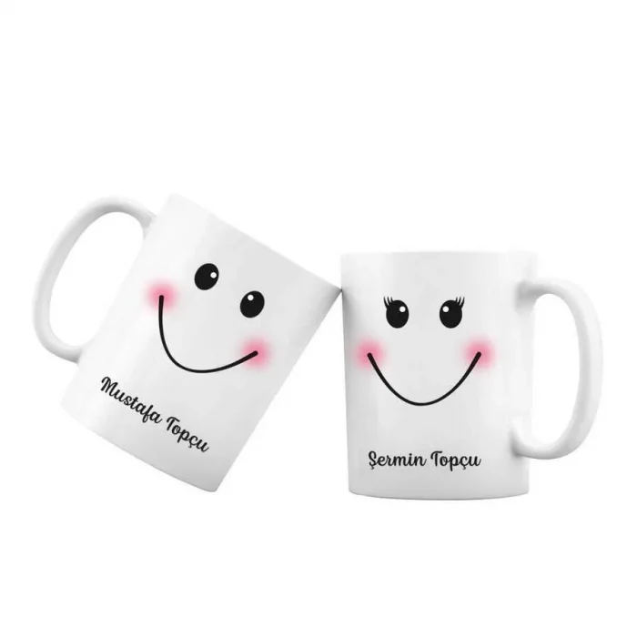 Sevgililere Özel İsimli Çift Kupa Bardak - Gülümse