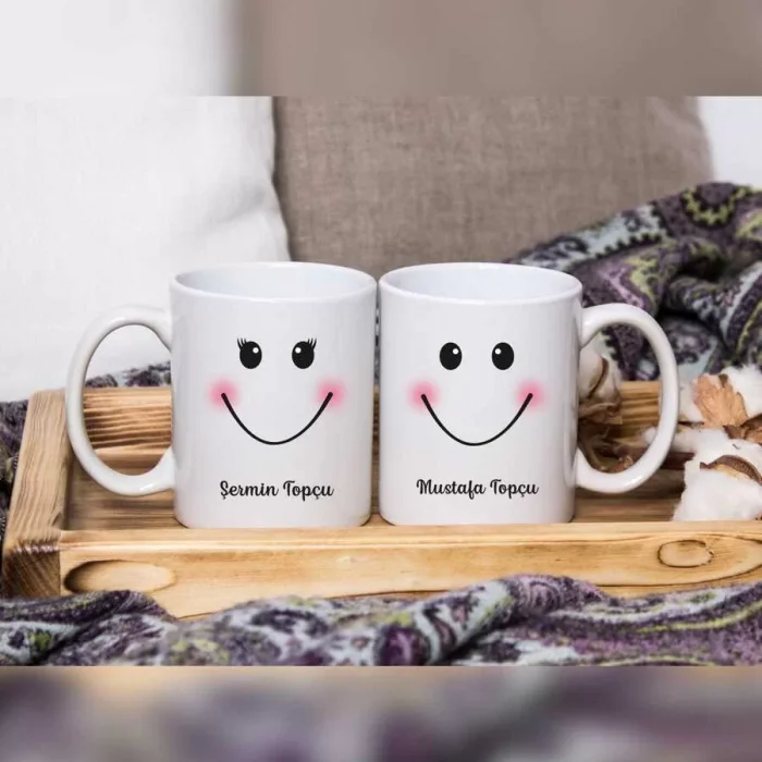 Sevgililere Özel İsimli Çift Kupa Bardak - Gülümse