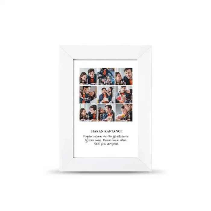 Babalar Gününe Özel Tasarım 9 Fotoğraf Kolajlı Özel Mesajlı İsimli Çerçeve - Beyaz Renk 10x15 cm Küçük Boy