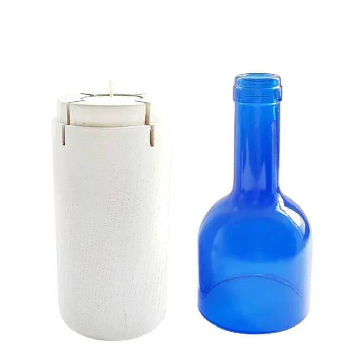 Beyaz Ahşap Tabanlı Mavi Şişe Kandili Mum