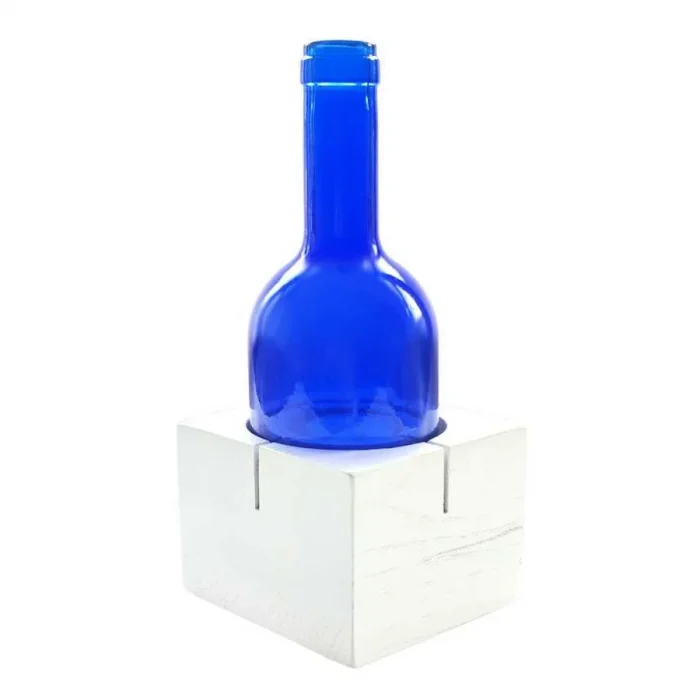 Beyaz Ahşap Tabanlı Kare Kandili Mum Mavi Şİşe