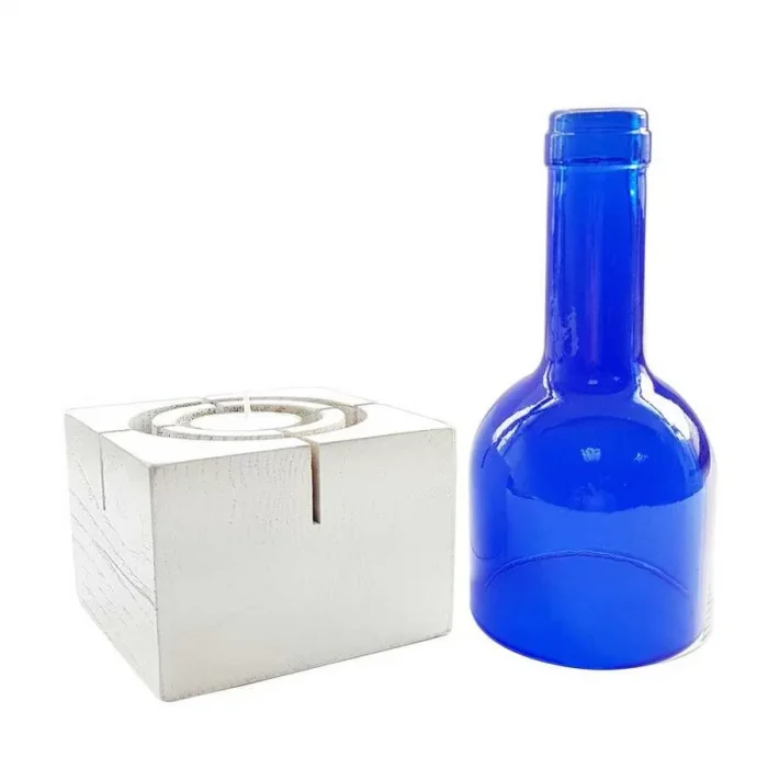 Beyaz Ahşap Tabanlı Kare Kandili Mum Mavi Şİşe