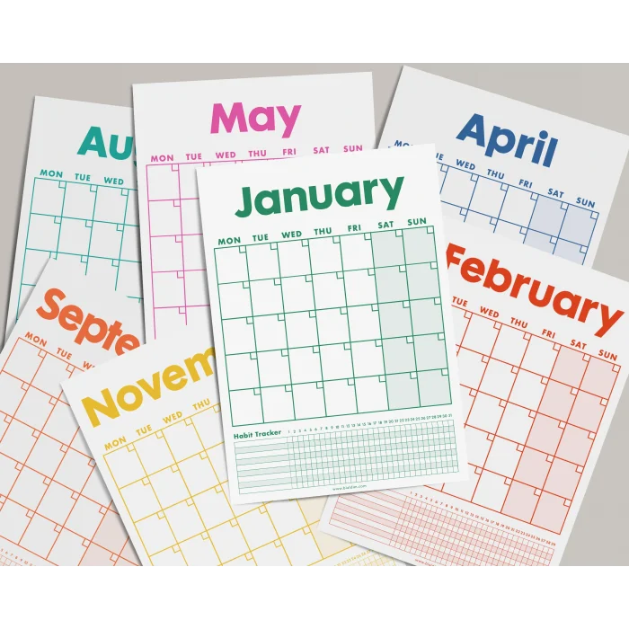 12 Aylık Planlayıcı Zamansız Takvim, Alışkanlık Takip Planlayıcı, Sürekli Takvim, Renkli Tarihsiz Takvim, 33 x 48 cm, A4, Undated Monthly Wall Planner, Habit Tracker Planner, Perpetual Wall Calendar, Colorful