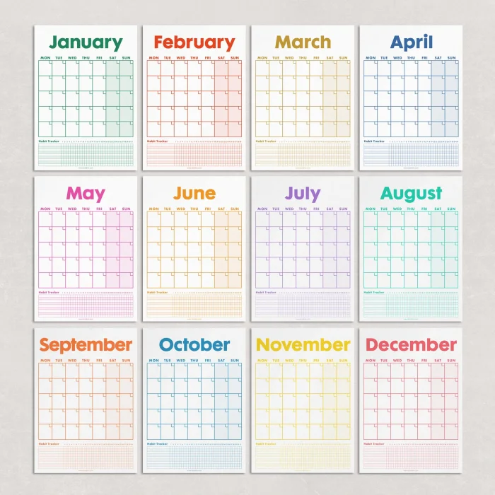 12 Aylık Planlayıcı Zamansız Takvim, Alışkanlık Takip Planlayıcı, Sürekli Takvim, Renkli Tarihsiz Takvim, 33 x 48 cm, A4, Undated Monthly Wall Planner, Habit Tracker Planner, Perpetual Wall Calendar, Colorful
