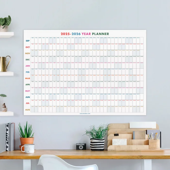 2025-2026 Akademik Yıl Takvimi | Eylül Başlangıçlı Yıllık Planlayıcı Duvar Takvimi | Renkli Takvim | Okul ve Ofis için Büyük Boy Takvim