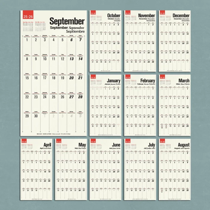 2025-2026 Çok Dilli Akademik Takvim, Eylül Başlangıçlı Takvim, Yıl Ortası Takvimi, Planlayıcı Duvar Takvimi, İngilizce, Almanca, Fransızca, İspanyolca Takvim, Eğitici Takvim, Önceki ve Sonraki Ay Takvim, 33x65 cm