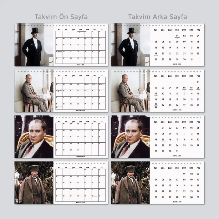 2025 Atatürk Fotoğraflı Takvim, Aylık Planlayıcı Takvim, Çift Taraflı Takvimi