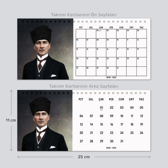 2025 Atatürk Fotoğraflı Takvim, Aylık Planlayıcı Takvim, Çift Taraflı Takvimi