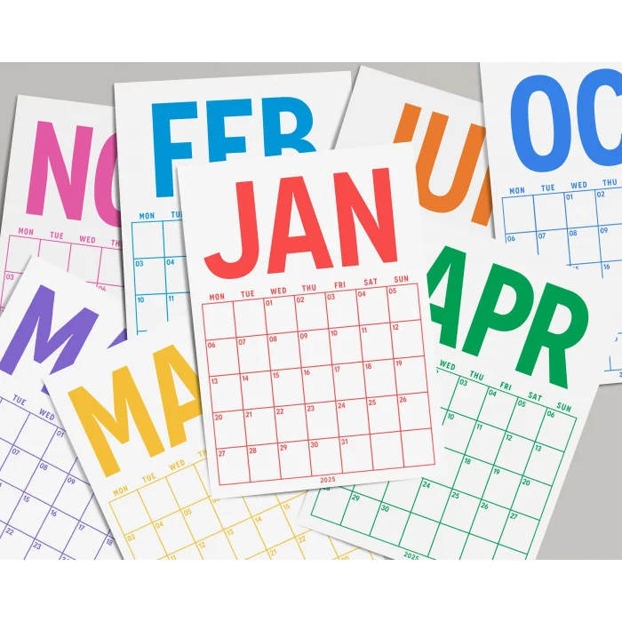 2025 Aylık Planlayıcı Duvar Takvimi, 33X48 cm & A4 Poster Takvim, Aile Takvimi, Gökkuşağı Renkleri