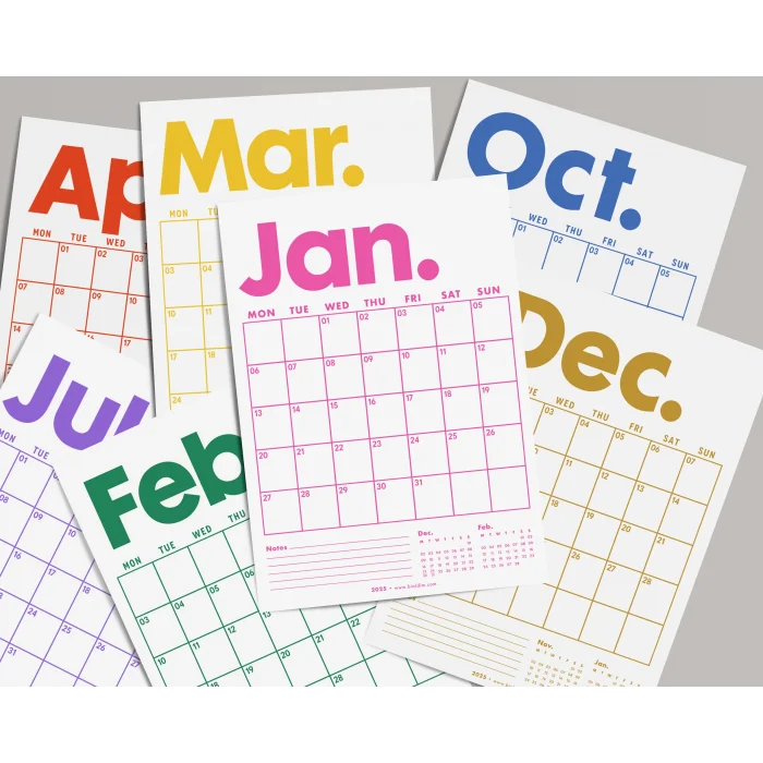 2025 Aylık Planlayıcı Duvar Takvimi, Önceki ve Sonraki Ay Takvim, 33X48 cm & A4 Poster Takvim, Canlı Gökkuşağı Renkleri