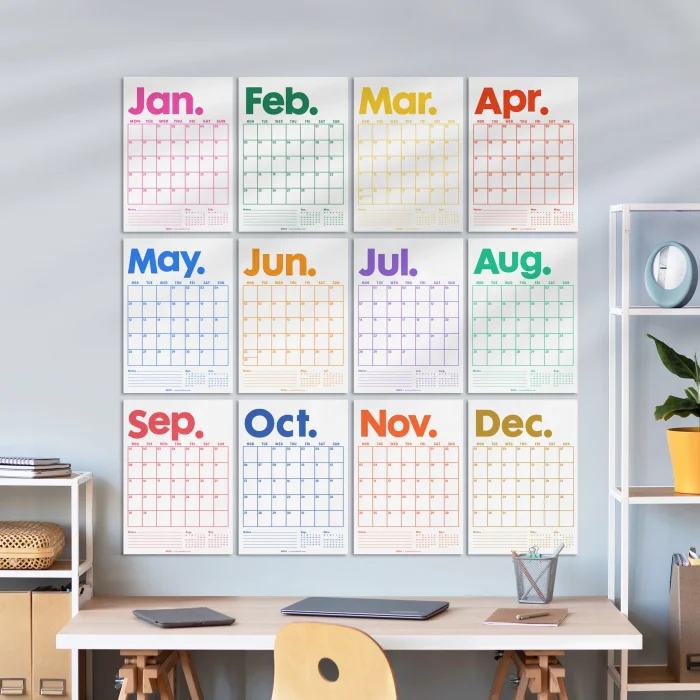 2025 Aylık Planlayıcı Duvar Takvimi, Önceki ve Sonraki Ay Takvim, 33X48 cm & A4 Poster Takvim, Canlı Gökkuşağı Renkleri