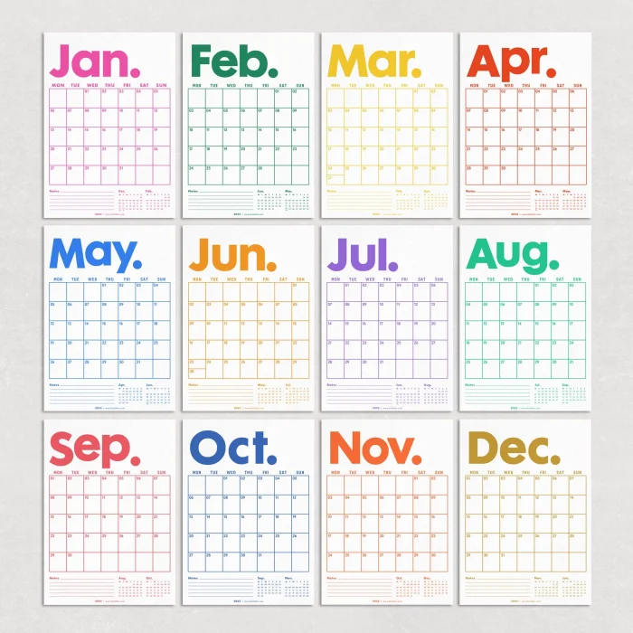 2025 Aylık Planlayıcı Duvar Takvimi, Önceki ve Sonraki Ay Takvim, 33X48 cm & A4 Spiralli Takvim, Canlı Gökkuşağı Renkleri