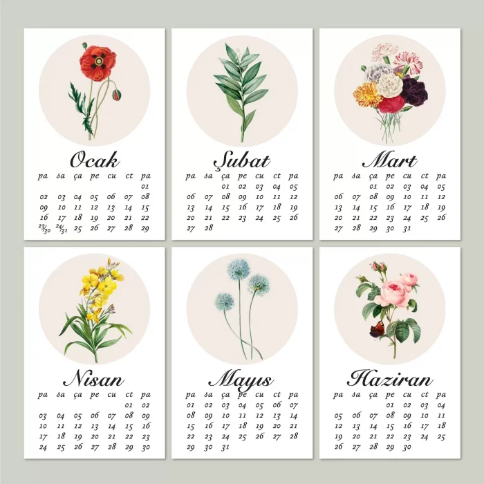 2025 Çiçekli Takvim, Ahşap Takvim, Çiçek Resimli Masa Takvimi, 2025 Takvim