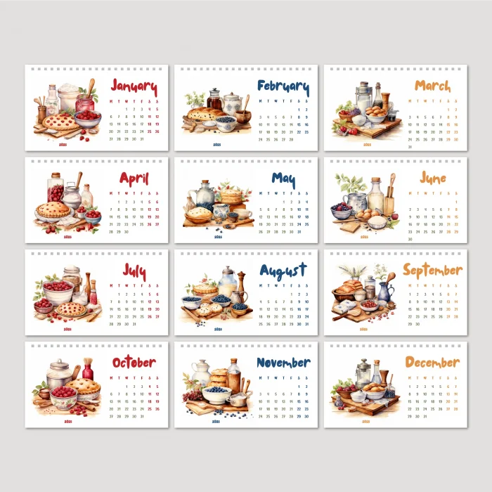 2025 Masa Takvimi, Vintage Fırın ve Mutfak Sanatları Takvimi, 2025 Desk Calendar, Vintage Baking Calendar 2025