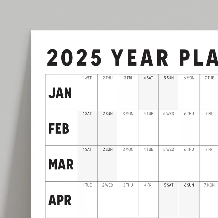 2025 Yıllık Planlayıcı Duvar Takvimi, Aylık Planlayıcı Aile Takvimi, Siyah Beyaz Yatay Takvim