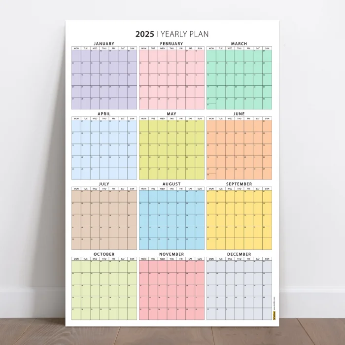 2025 Yıllık Planlayıcı Duvar Takvimi, Rengarenk Pastel Renkler