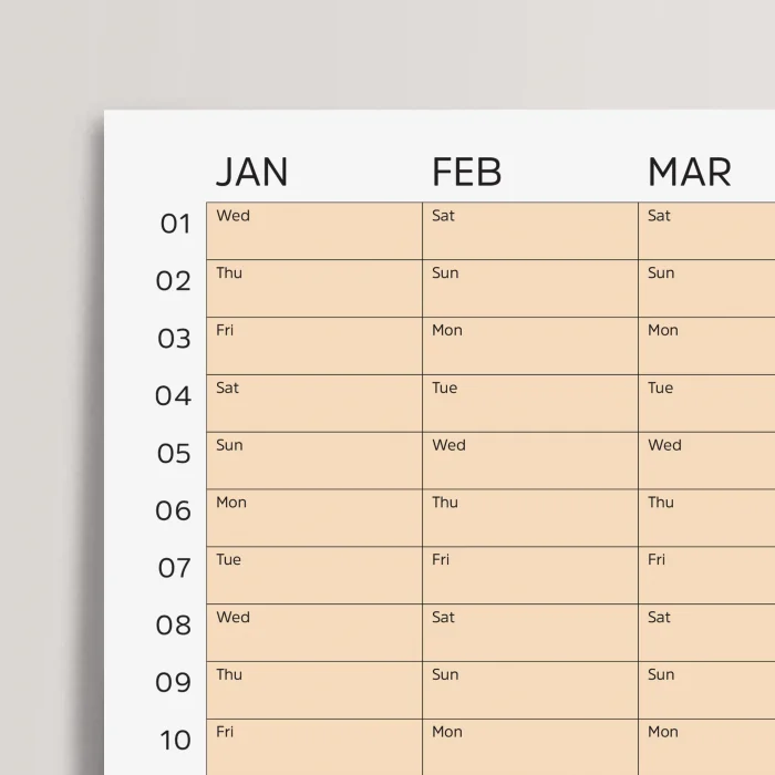 2025 Yıllık Takvim Planlayıcı, Planlayıcı Duvar Takvimi, Yatay, Pastel Somon Turuncu Renk