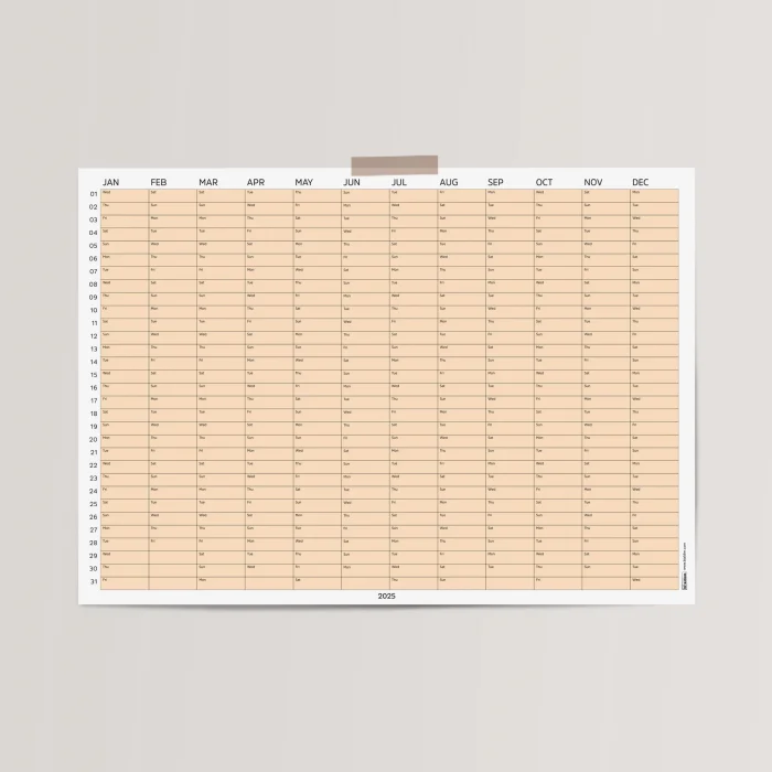 2025 Yıllık Takvim Planlayıcı, Planlayıcı Duvar Takvimi, Yatay, Pastel Somon Turuncu Renk