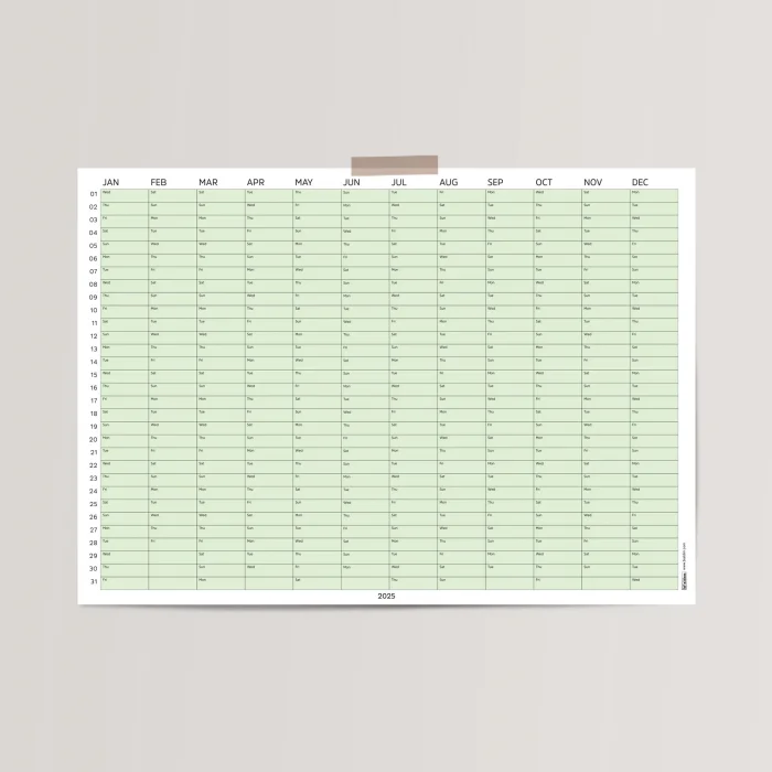 2025 Yıllık Takvim Planlayıcı, Planlayıcı Duvar Takvimi, Yatay, Pastel Yeşil Renk