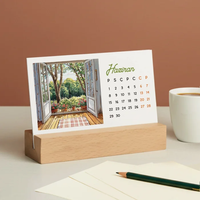 2026 Ahşap Masa Takvimi – Dört Mevsim Pencereden Manzaralı İllüstrasyonlar, Dekoratif Ahşap Standlı Takvim