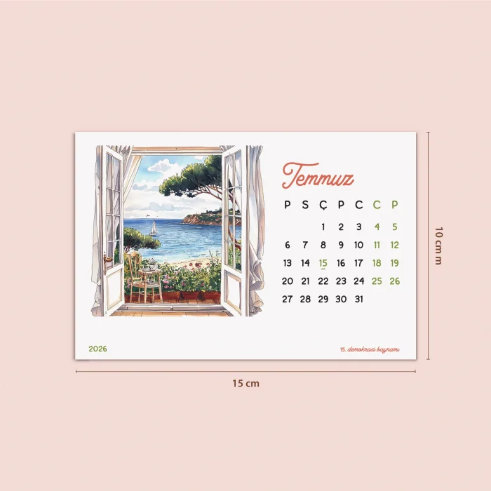 2026 Ahşap Masa Takvimi – Dört Mevsim Pencereden Manzaralı İllüstrasyonlar, Dekoratif Ahşap Standlı Takvim
