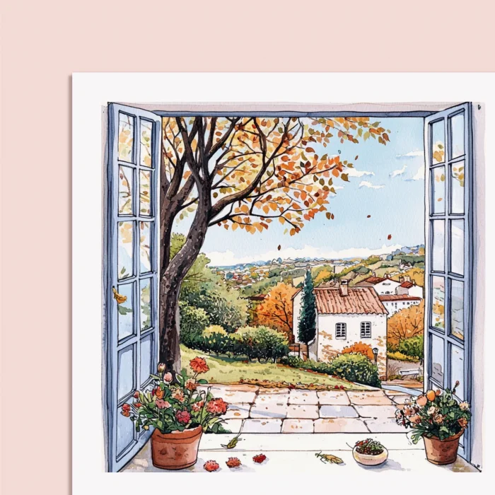 2026 Ahşap Masa Takvimi – Dört Mevsim Pencereden Manzaralı İllüstrasyonlar, Dekoratif Ahşap Standlı Takvim