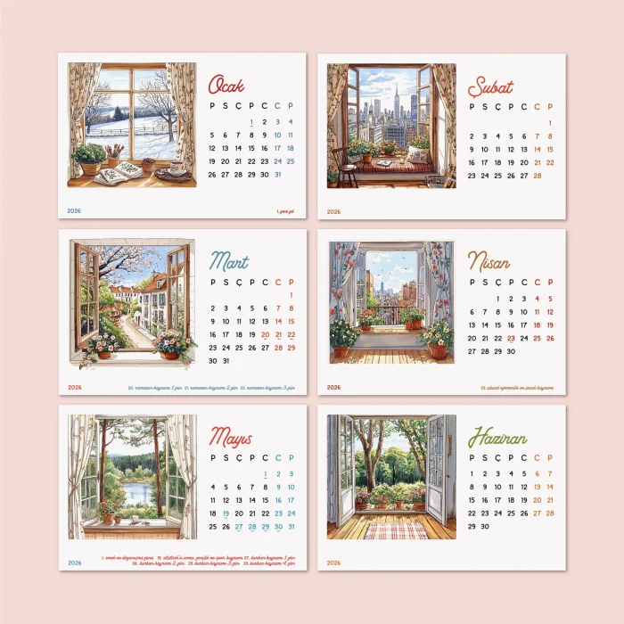 2026 Ahşap Masa Takvimi – Dört Mevsim Pencereden Manzaralı İllüstrasyonlar, Dekoratif Ahşap Standlı Takvim