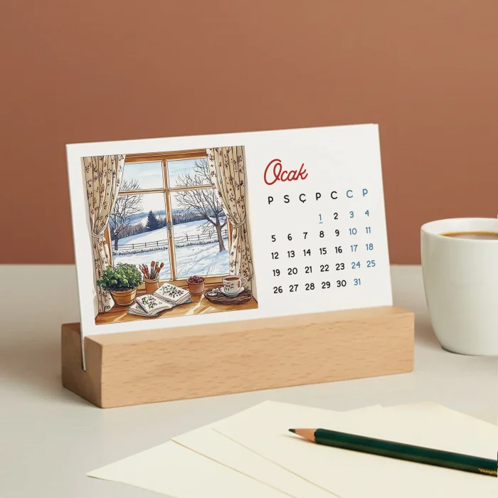 2026 Ahşap Masa Takvimi – Dört Mevsim Pencereden Manzaralı İllüstrasyonlar, Dekoratif Ahşap Standlı Takvim