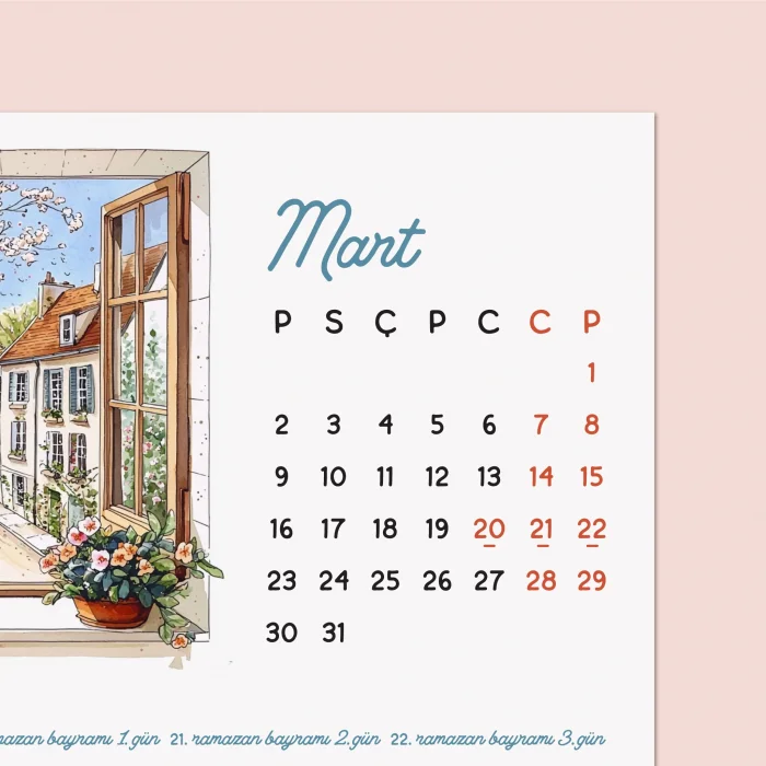 2026 Ahşap Masa Takvimi – Dört Mevsim Pencereden Manzaralı İllüstrasyonlar, Dekoratif Ahşap Standlı Takvim