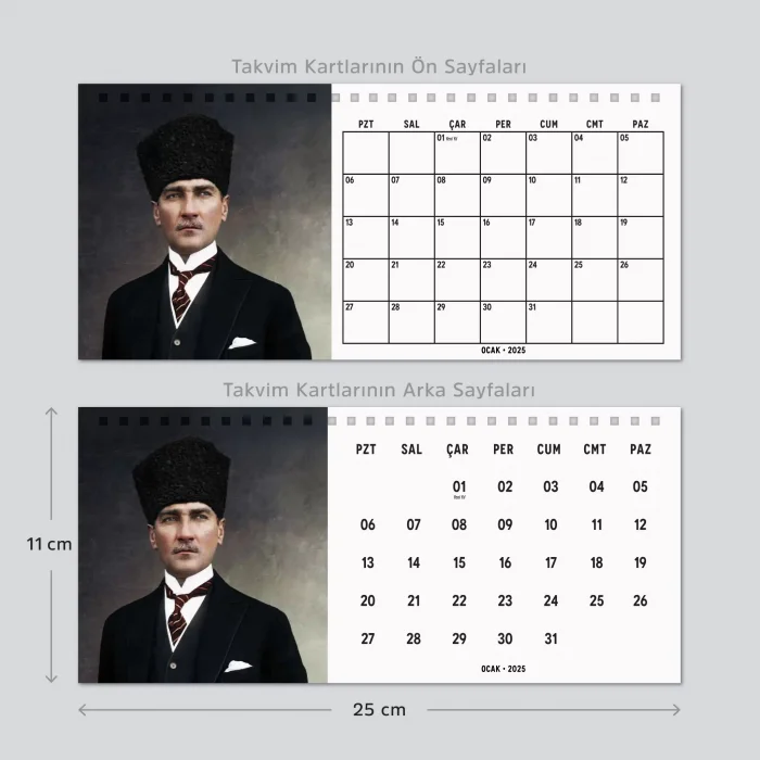 2026 Atatürk Fotoğraflı Takvim, Aylık Planlayıcı Takvim, Çift Taraflı Takvimi