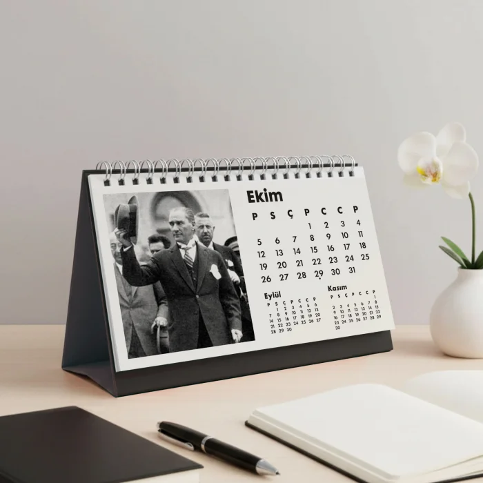 2026 Atatürk Masa Takvimi | Özel Siyah Fotoğraflı | Cumhuriyet Temalı Masaüstü Takvim