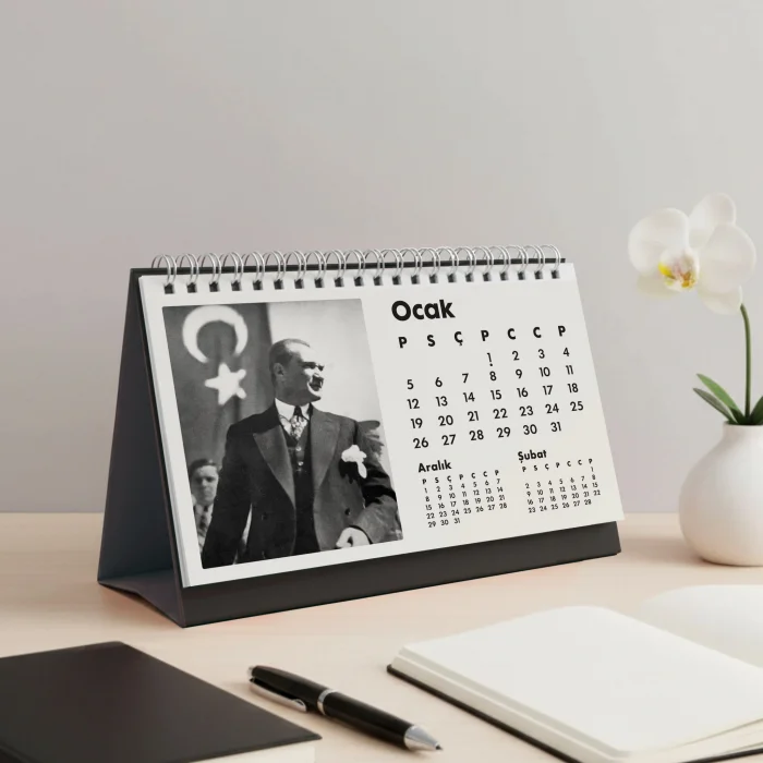 2026 Atatürk Masa Takvimi | Özel Siyah Fotoğraflı | Cumhuriyet Temalı Masaüstü Takvim