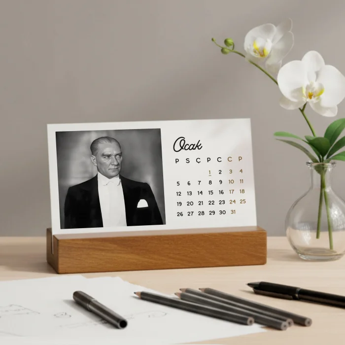 2026 Atatürk Masa Takvimi | Rustik Ahşap Tabanlı Masaüstü Takvimi